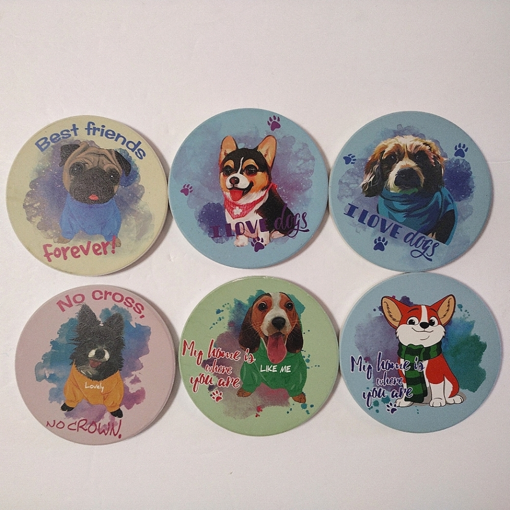 6-piece Absorbent Round Ceramic Drink Coasters Lovely Dogs With Cork Base 4"